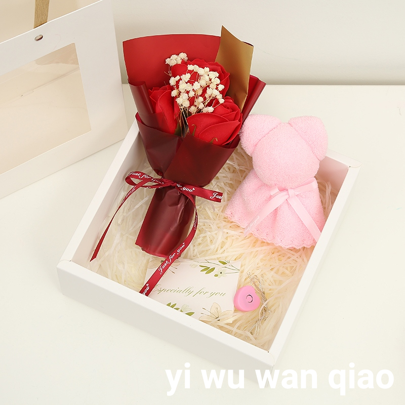 仿真玫瑰永生花香皂肥皂花结婚礼盒节日礼品LED毛巾熊