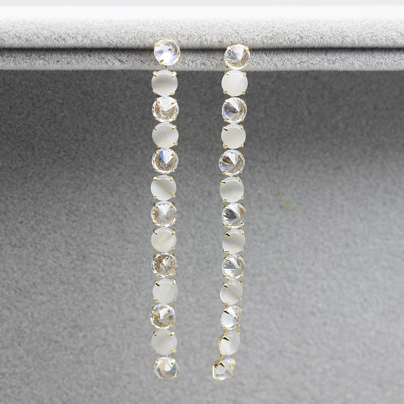 跨境货源925银针耳饰法式宴会礼服耳坠 水晶猫眼石长款流苏耳环女
