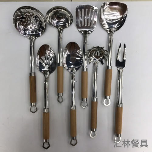 stainless steel kitchenware 1.5cm crown beech handle porridge colander spatula flat shovel long tongue drain spoon short rice spoon can be customized