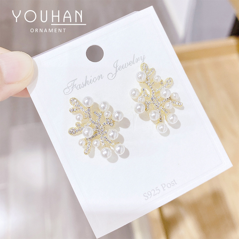 925银针14k真金电镀珍珠锆石轻奢气质女耳环时尚耳钉个性耳坠批发