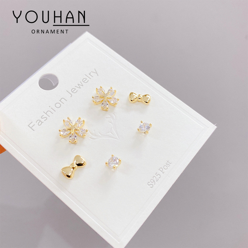 耳饰S925银针三对装微镶锆石耳环韩版个性简约一卡多对耳钉套装女