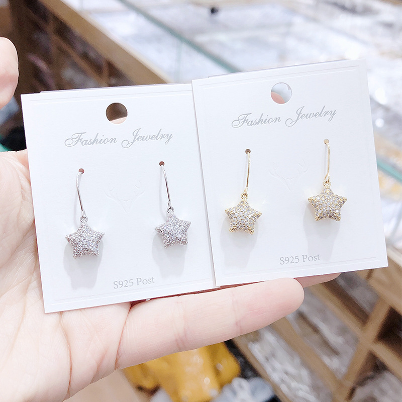 925银针五角星耳环韩国气质网红同款耳坠夸张水钻耳钉个性耳饰女