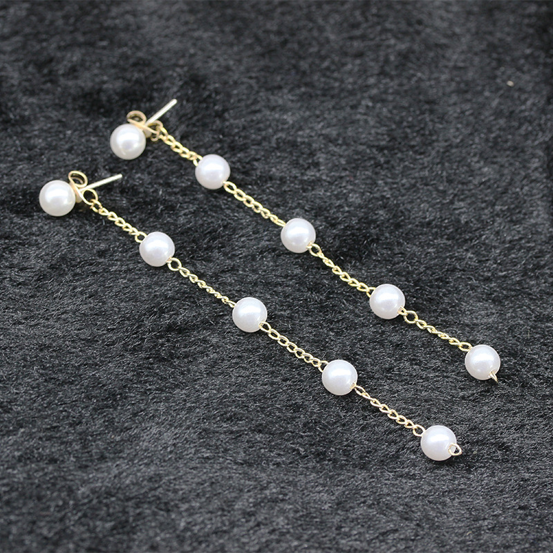 真金电镀s925银针韩版耳饰 长款两戴显脸瘦耳坠 链条流苏珍珠耳环