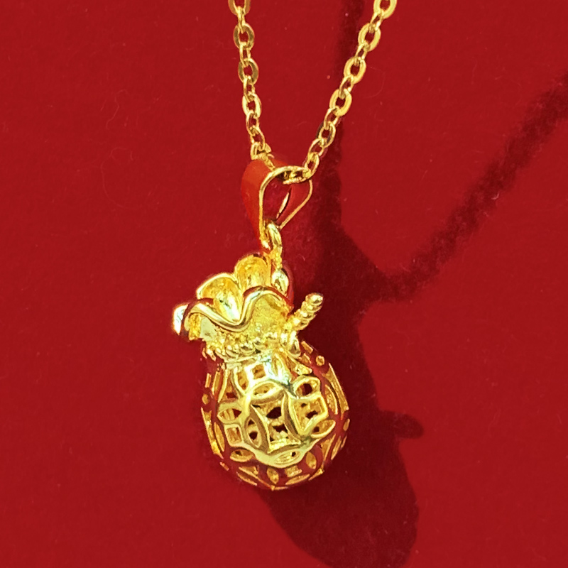沙金福袋吊坠女镂空钱袋项链批发黄铜镀金999真仿黄金色时尚坠子