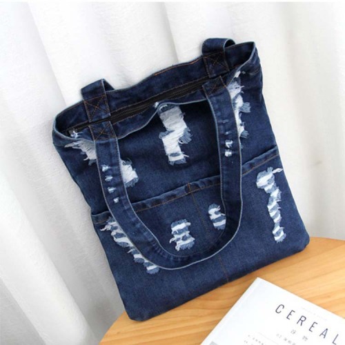 New Ripped Denim Bag Shoulder Bag Large Capacity Handbag Denim Women‘s Bag