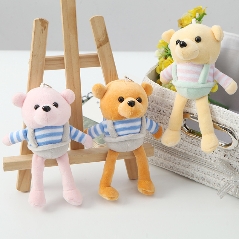 四面弹棉背带熊公仔条纹可爱熊公仔绿色粉色抱抱熊毛绒玩具批发