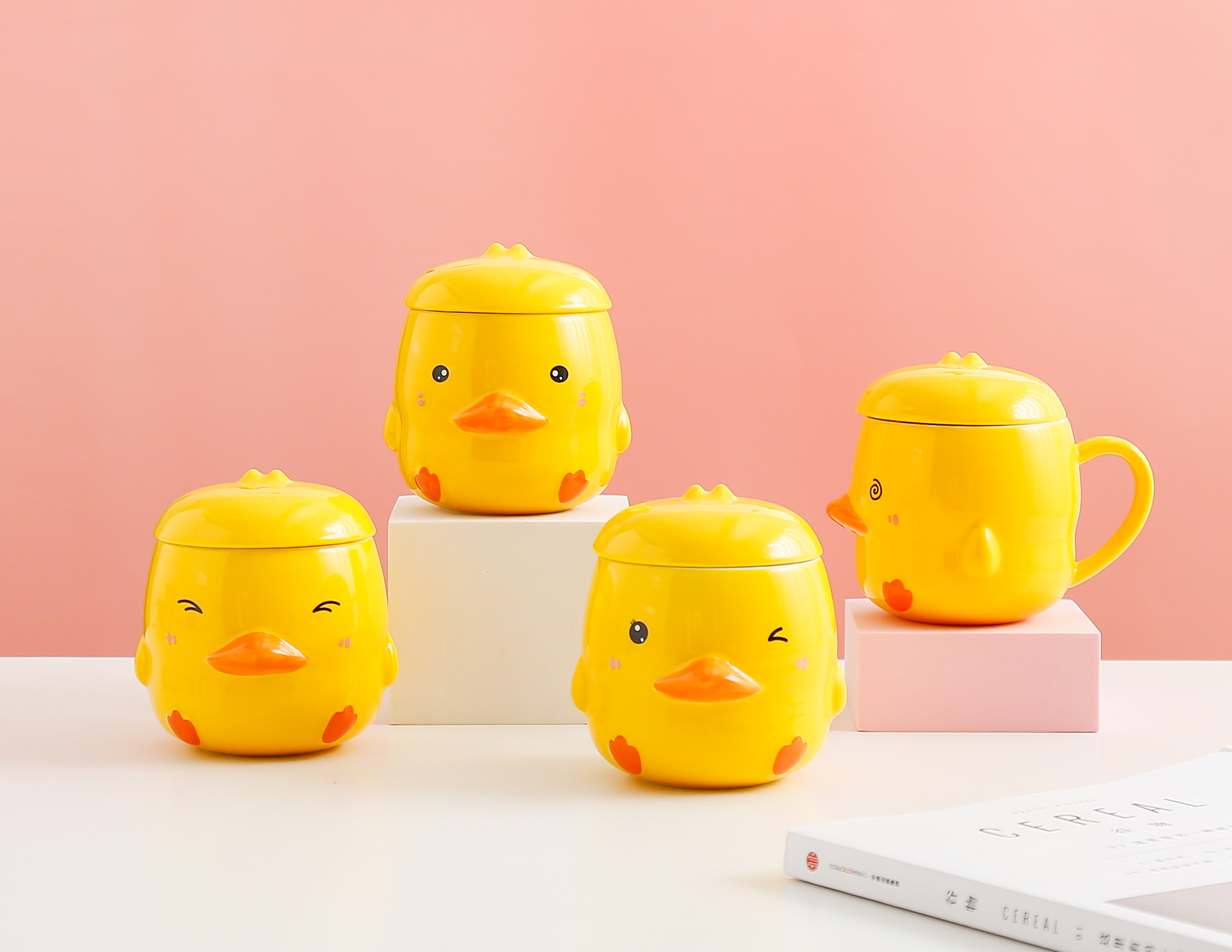 创意网红马克杯 小黄鸭陶瓷杯 带盖早餐杯 厂家直销 礼品定制