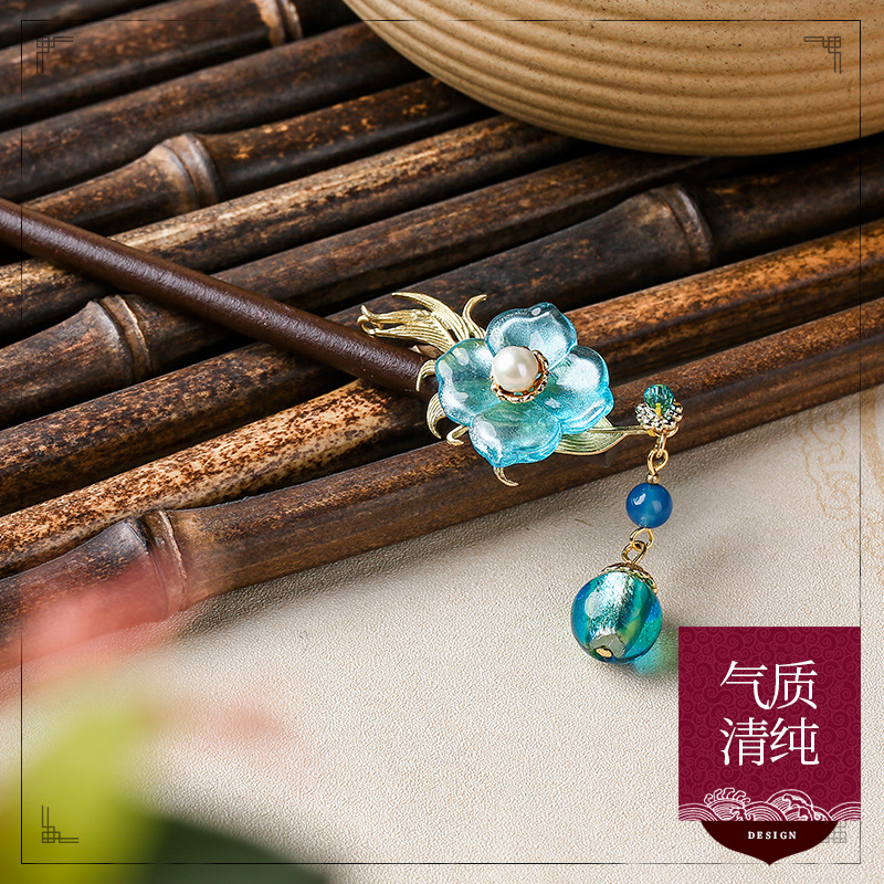 新款民族风黑檀木双色琉璃发簪古风头饰创意款簪子百搭发饰批发