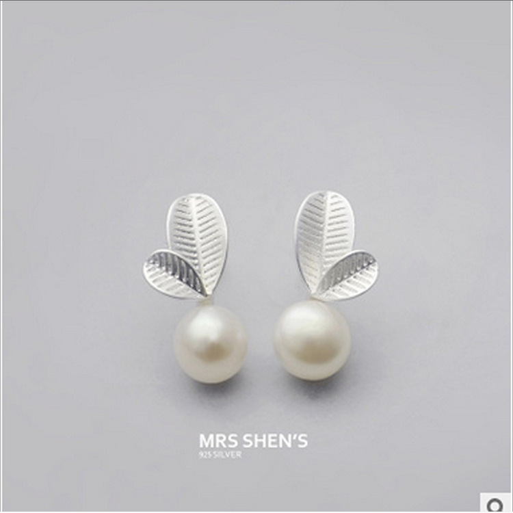 925银针珍珠树叶耳钉个性女气质韩国百搭耳环简约小巧耳饰