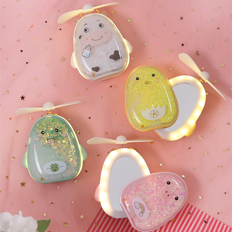 夏季新款可爱卡通萌乐美妆镜流沙风扇创意户外便携补妆小风扇