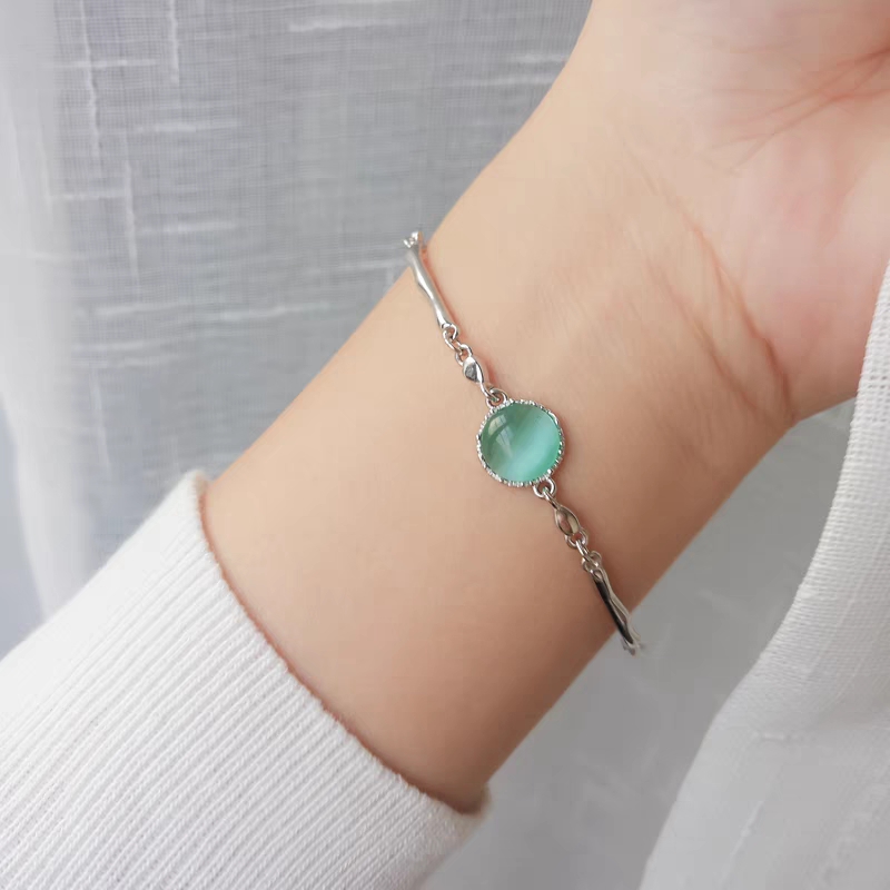 复古森系人鱼泪手链S925纯银猫眼石水波绿文艺ins小清新手环礼物