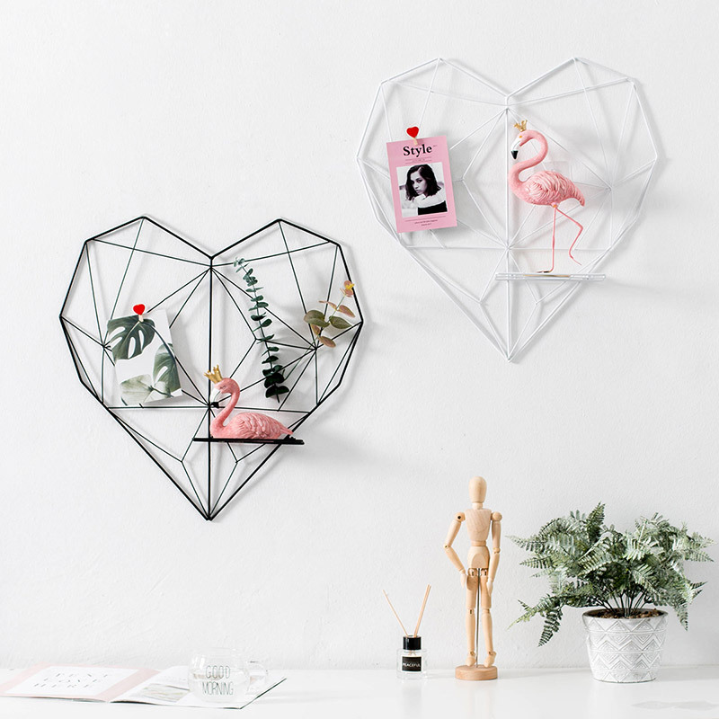 ins风格铁艺墙心形照片墙挂饰  简约网格置物架壁挂，铁艺网片