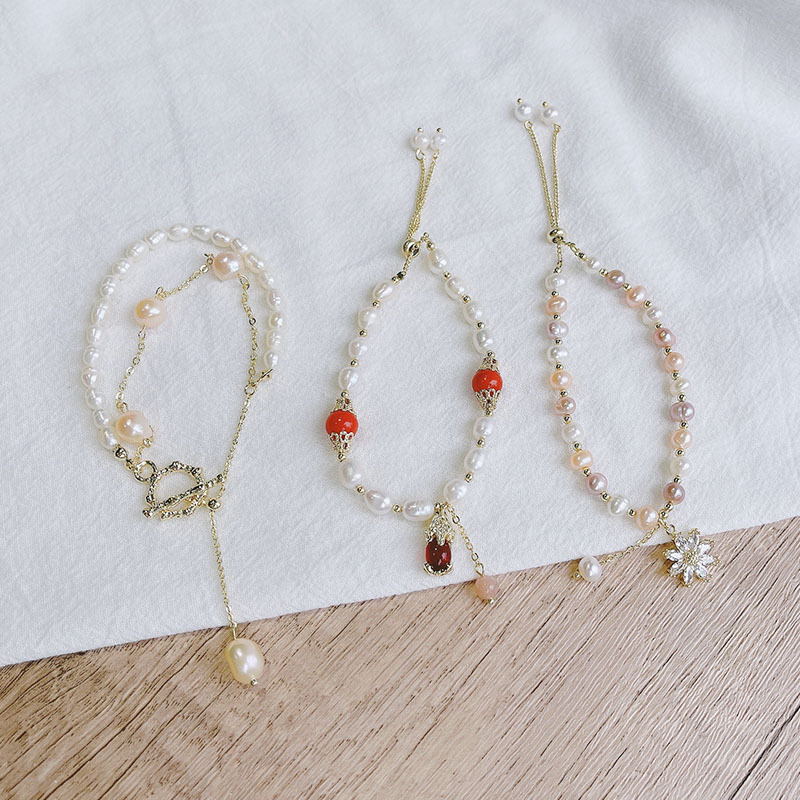 新款手链手串天然淡水珍珠太阳花小雏菊可调节少女金属貔貅复古女