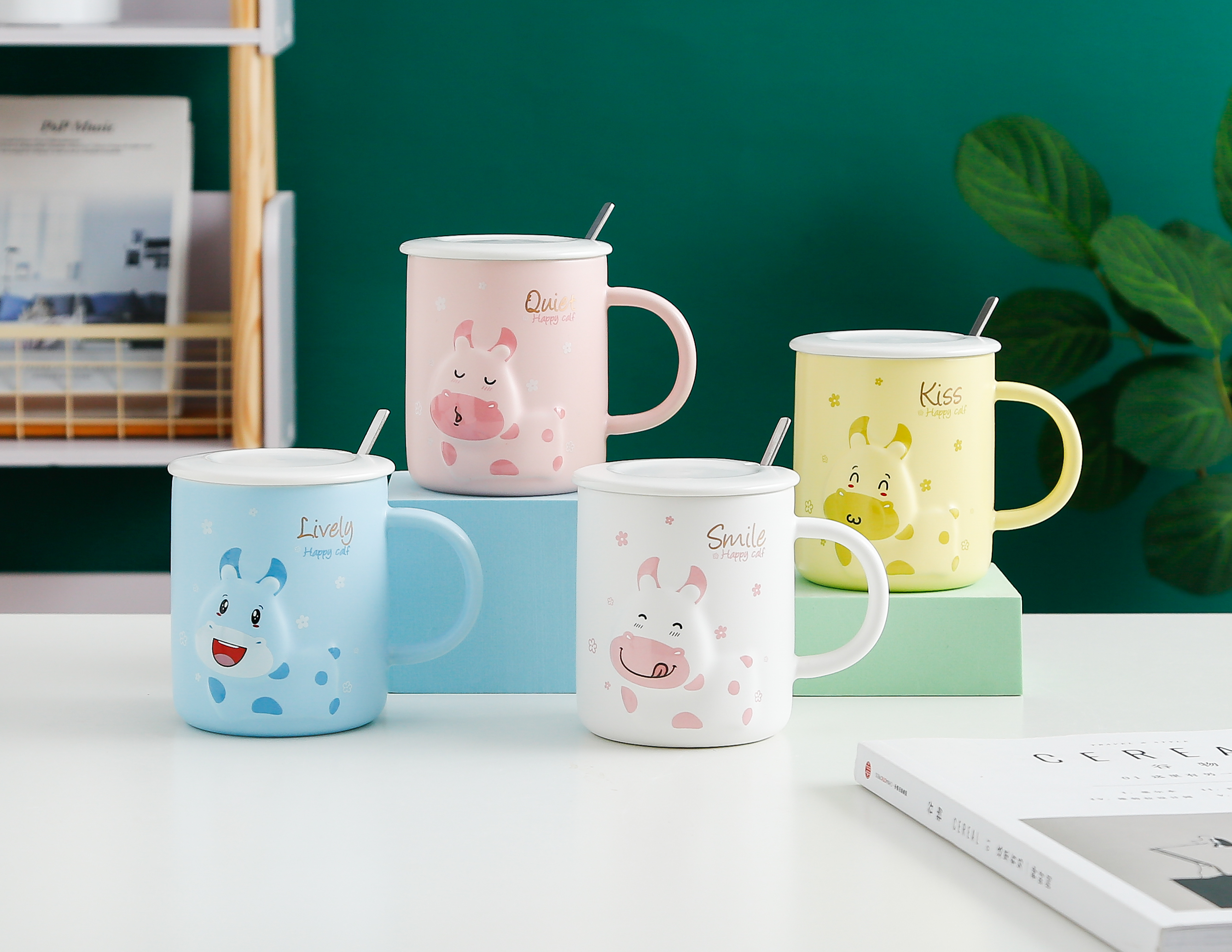 立体浮雕卡通萌物小牛陶瓷杯带盖勺马克杯家用泡茶杯咖啡杯