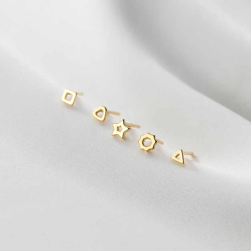 s925银女韩版简约时尚优雅小清新镂空几何爱心三角方块耳饰品