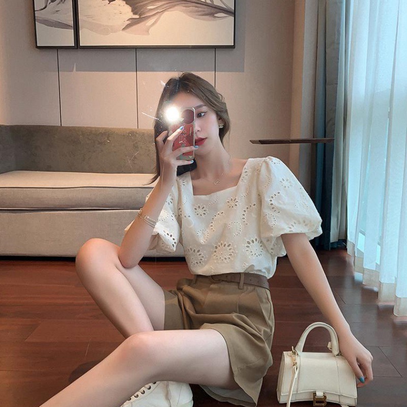 2021夏季时尚阔腿裤套装休闲气质女神范两件套洋气方领小心机上衣