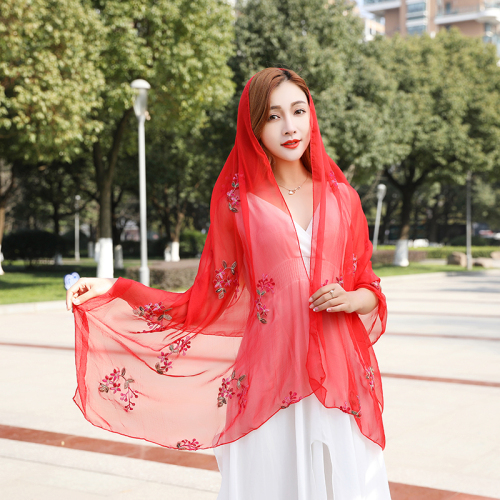 New Embroidered Plum Scarf Summer Wedding Scarf Air Conditioning Chiffon Shawl Chinese Style Sun Protection by the Sea Beach Towel