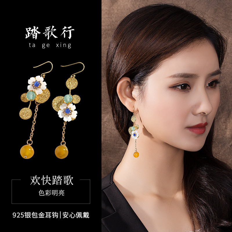 民族风贝壳花s925纯银钩黄玛瑙玉石仿猫眼石复古气质百搭耳环耳饰