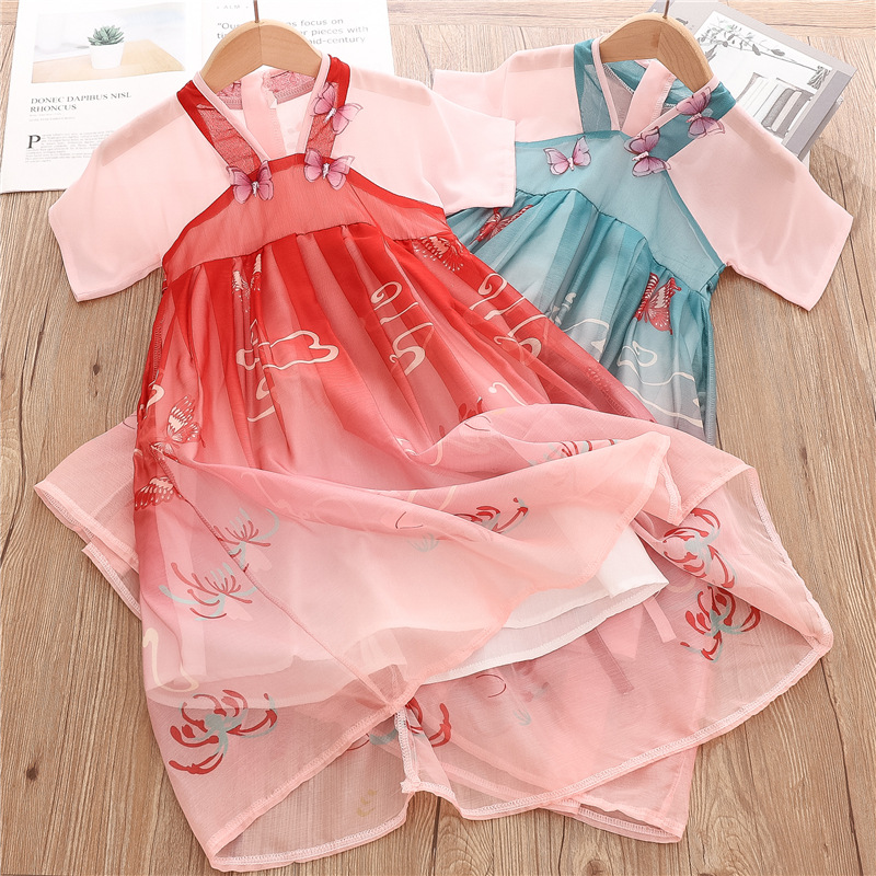 2020儿童汉服女童古装超仙短袖夏款中国古风蝴蝶渐变裙小女孩唐装