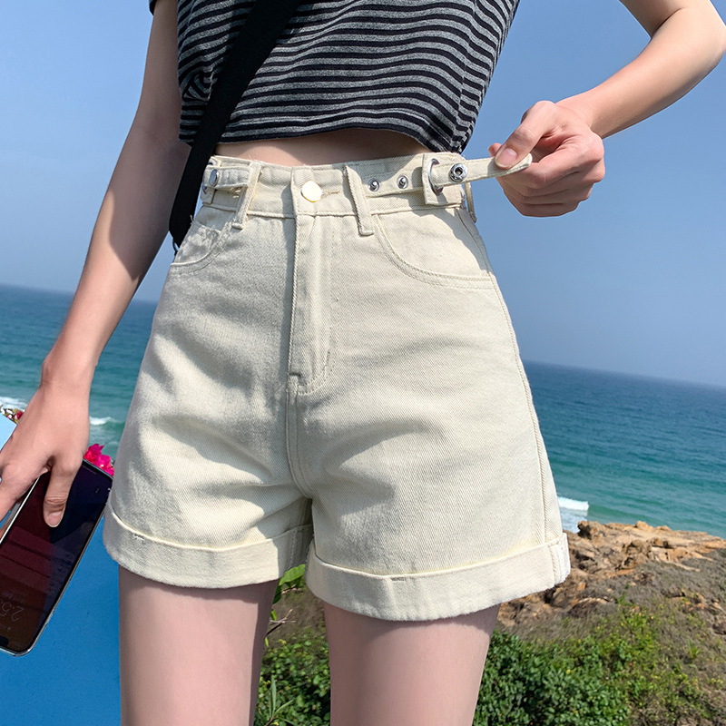 杏色高腰牛仔短裤女2021夏季新款浅蓝色宽松显瘦学生翻边a字热裤