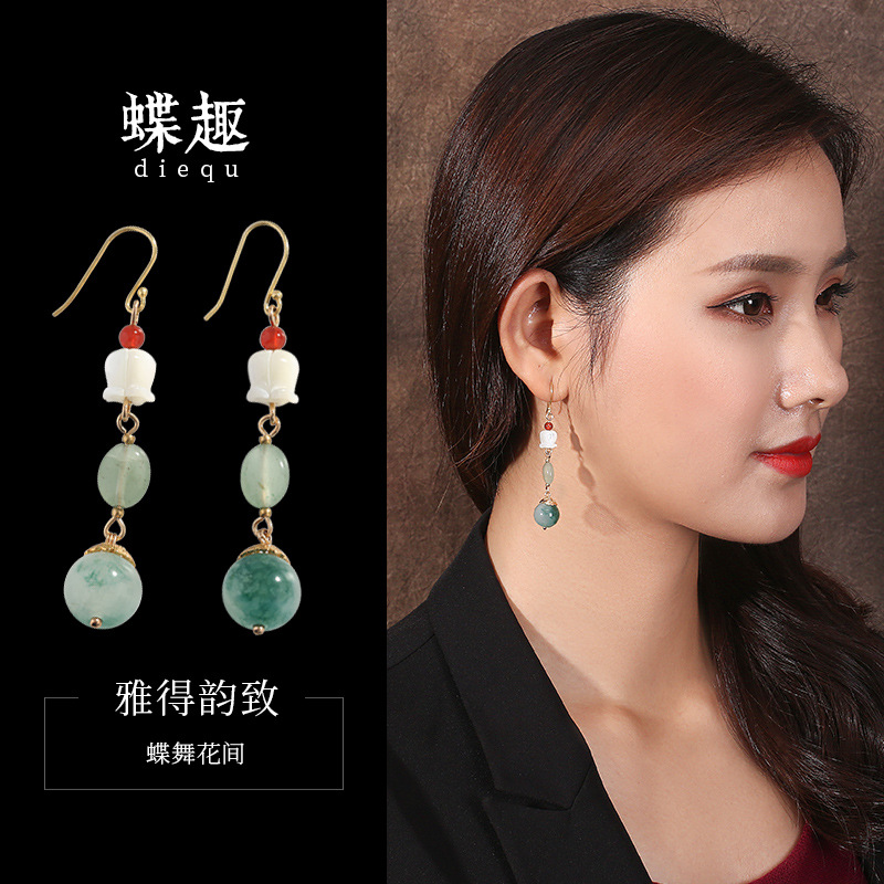 民族风贝壳花s925纯银钩玉石玛瑙复古气质小清新百搭个性耳环耳饰