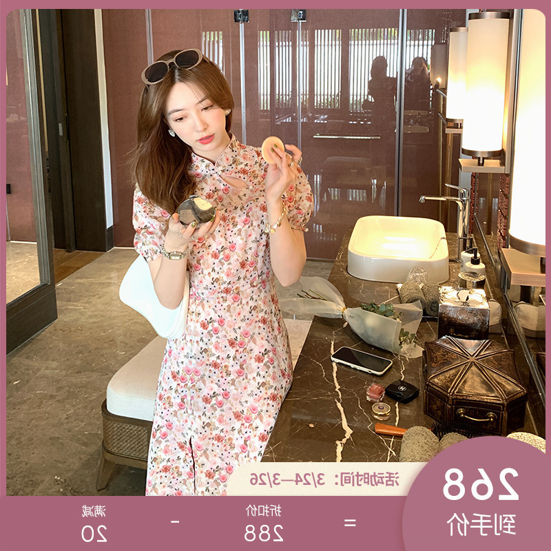 2021新款民国风高腰开叉改良旗袍裙女春泡泡袖复古碎花雪纺连衣裙