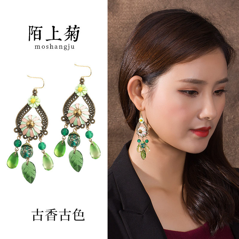 民族风贝壳花s925纯银钩玛瑙琉璃复古气质小清新百搭大方耳环耳饰