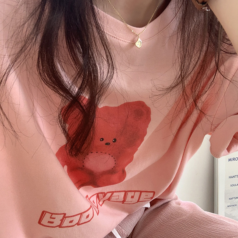 黄峥小熊印花短袖T恤女2021夏季韩版宽松可爱减龄休闲上衣T22222