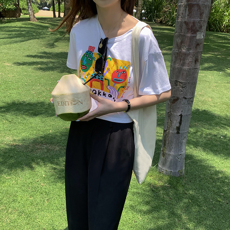 黄峥搞怪涂鸦印花短袖T恤女2021夏季韩版可爱露脐短款上衣T88646