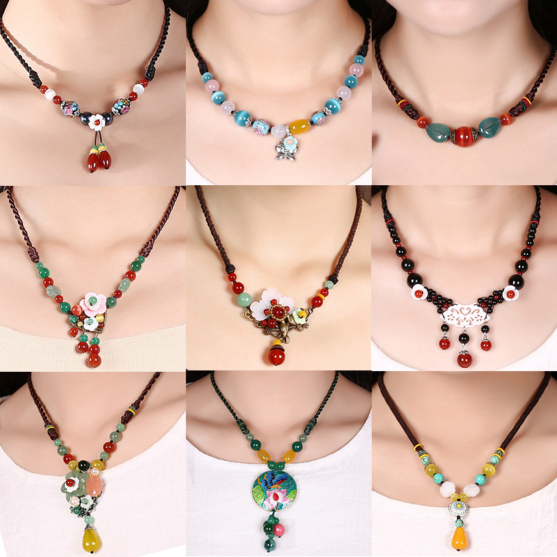 民族风锁骨链短款女士复古玉石颈链脖子百搭配饰玛瑙珍珠项链批发