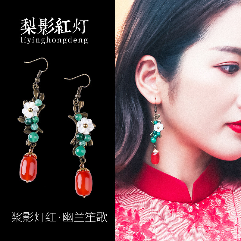 复古耳环女长款气质韩国百搭贝壳花玛瑙吊坠民族风小清新超仙耳坠