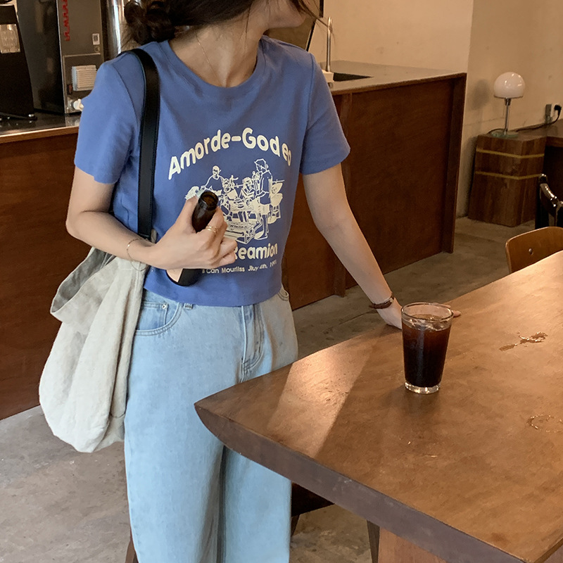 黄峥复古印花短袖T恤女2021夏季韩版弹力修身短款休闲上衣T88636