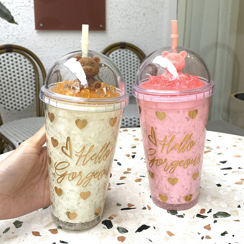 新款可爱小熊冰激凌冰杯夏季时尚畅饮冰镇水杯创意公仔吸管杯子