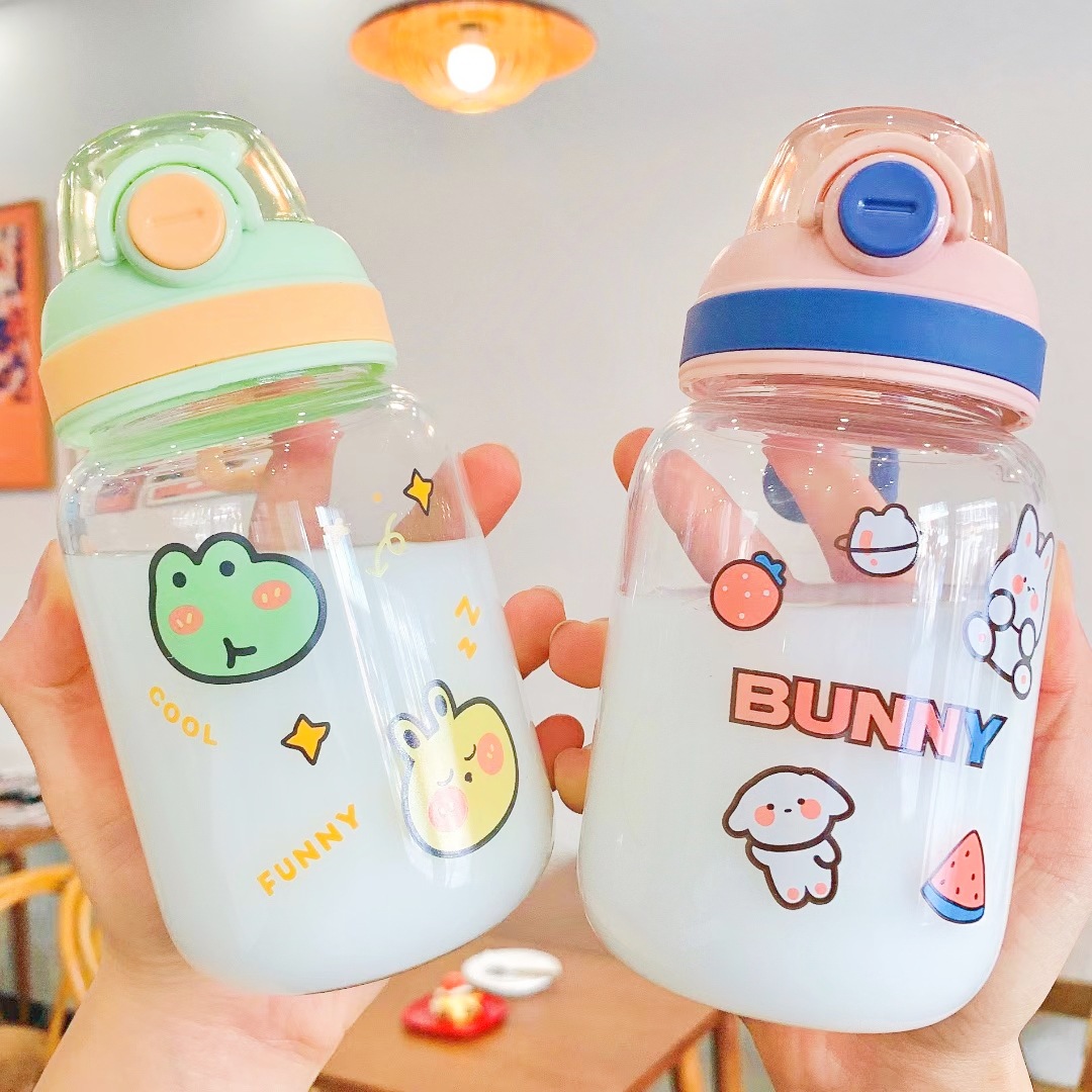 新款可爱卡通玻璃杯萌系少女学生水杯便携弹盖直饮高颜值清新杯子