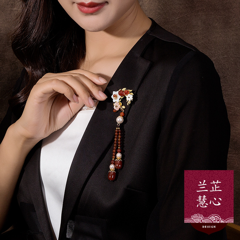 红玛瑙胸针胸复古民族风别针原创手工韩国配饰流苏奢华毛衣披肩扣