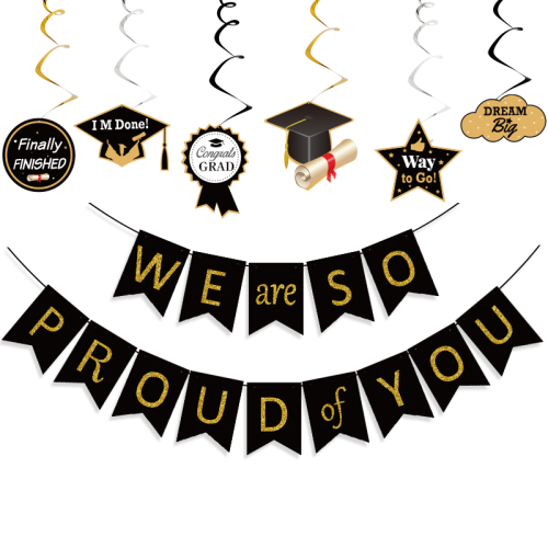 European and American Graduation Party Decoration Black Card We Are So Proud of You Swallowtail Flag PVC Latte Art
