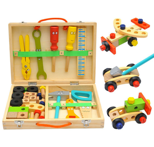 wooden cartoon repair toolbox children‘s diy disassembly assembly screw nut combination simulation tool toy