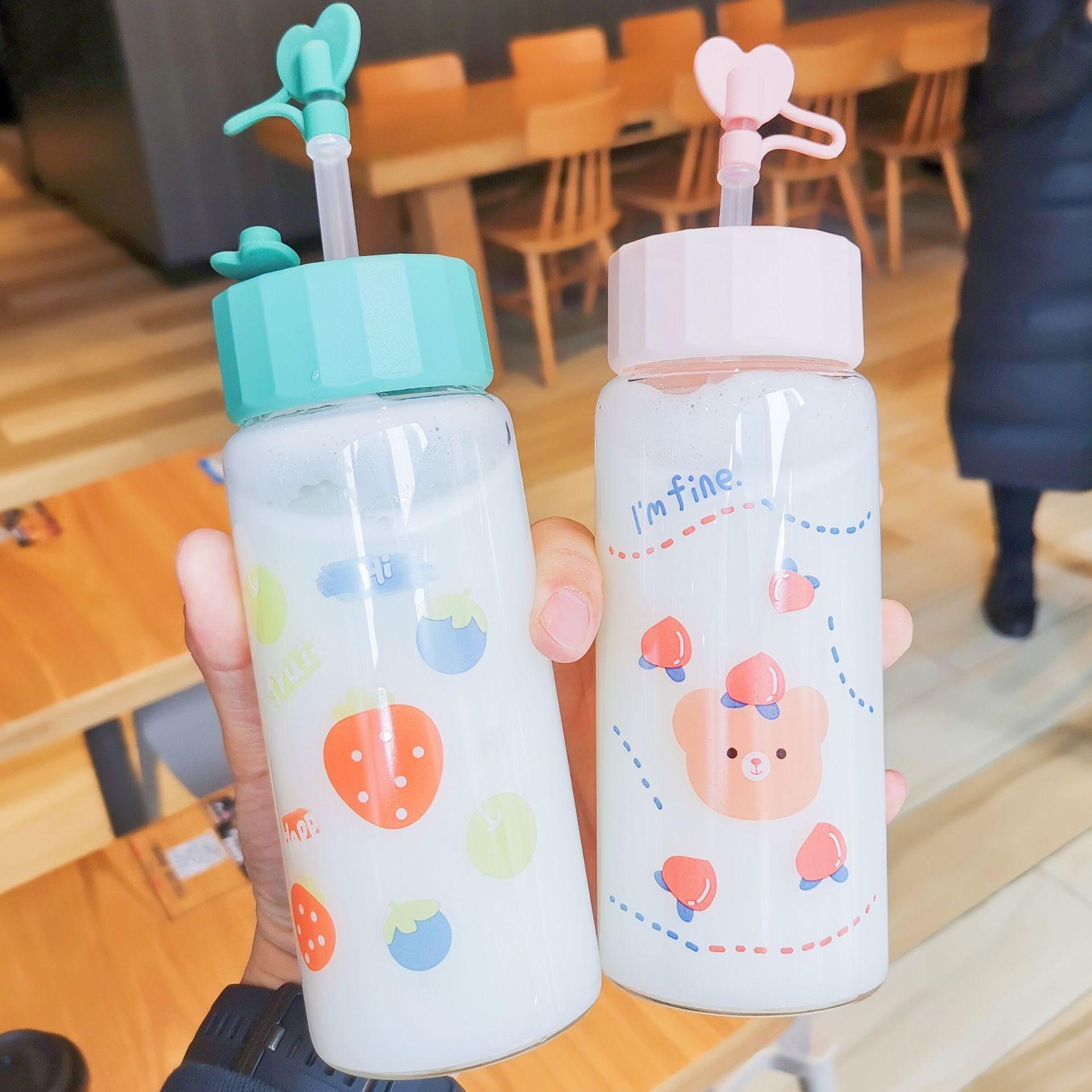 新款多功能密封防漏吸管玻璃杯清新可爱学生便携水杯耐高温礼品杯