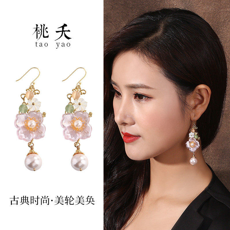 民族风琉璃四叶花s925纯银钩贝壳珠仿猫眼石复古气质百搭耳环耳饰