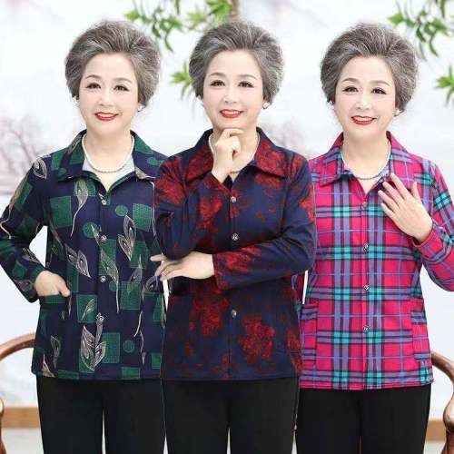 New Summer Clothes for the Elderly Women‘s Wear Grandma Spring and Autumn Lapel Ant Shirt Women‘s Long Sleeve Middle-Aged Mom plus Size