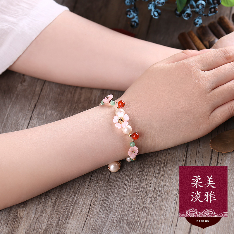 民族风玛瑙手链女韩版简约学生森系闺蜜手饰复古手工仿珍珠手环夏