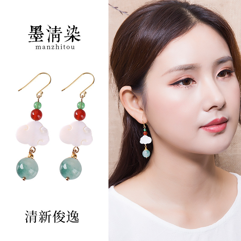 民族风贝壳花片s925纯银钩玉石玛瑙复古小清新气质百搭耳环耳饰女