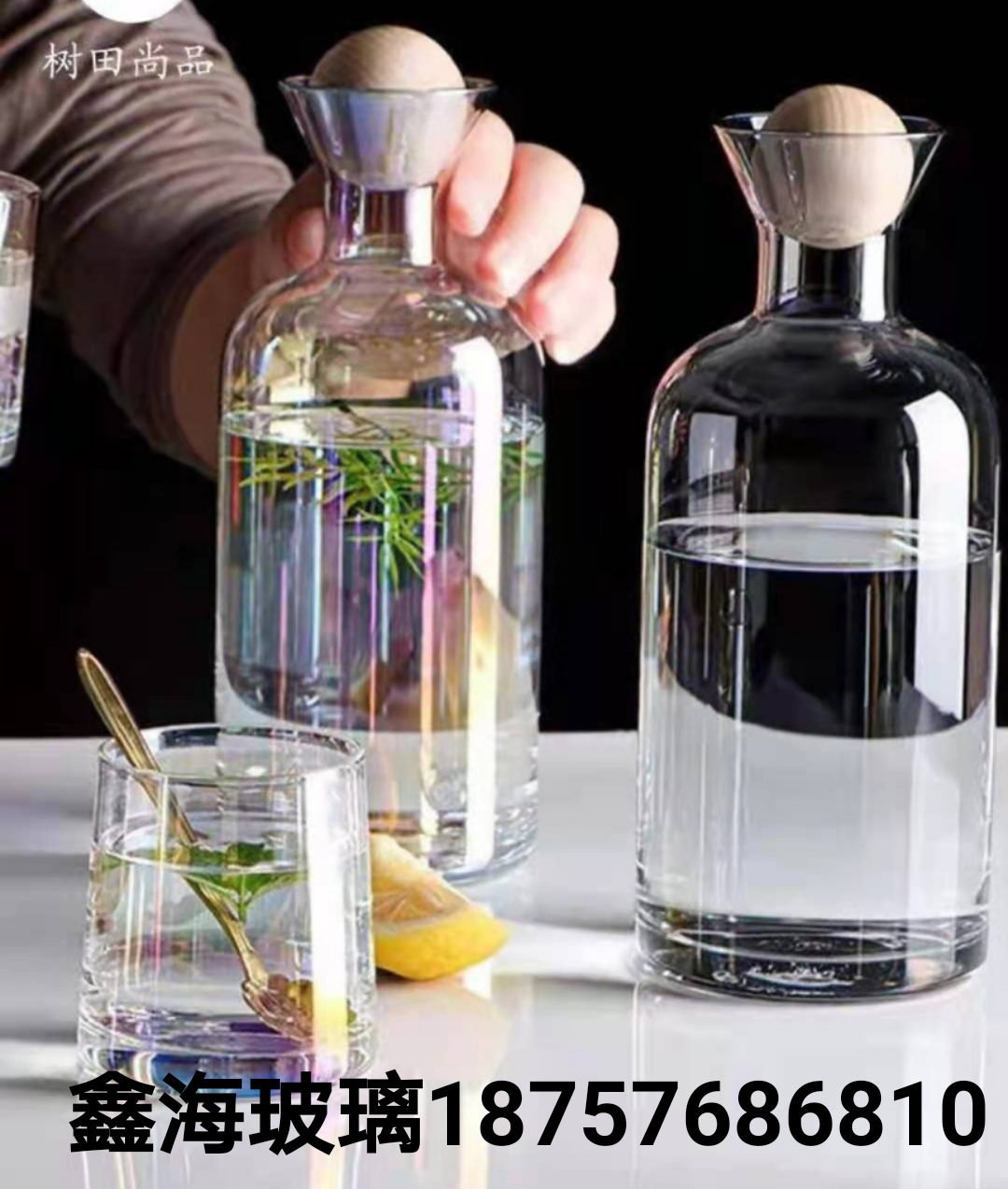 玻璃杯水壶套装 木球水壶圆口杯1壶6杯七彩色木塞玻璃杯