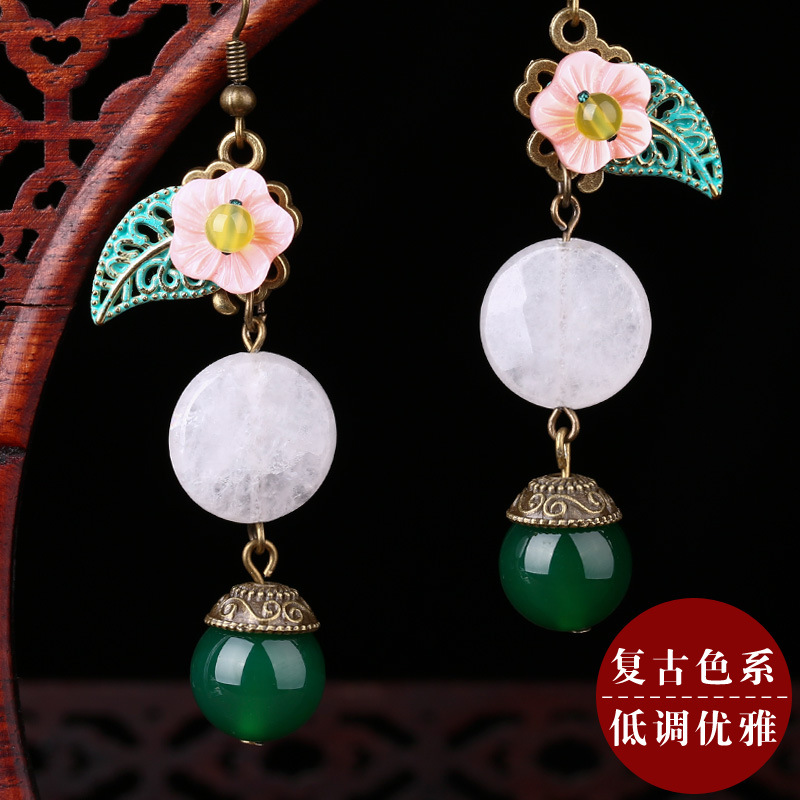 复古原创设计耳环复古玛瑙耳坠优雅百搭民族风配饰品贝壳花耳饰