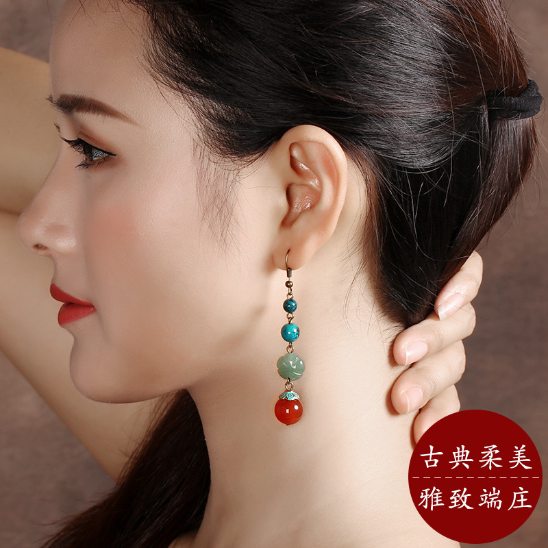 耳环复古气质长款玛瑙吊坠百搭潮人耳饰民族风流苏凤凰石花朵耳饰