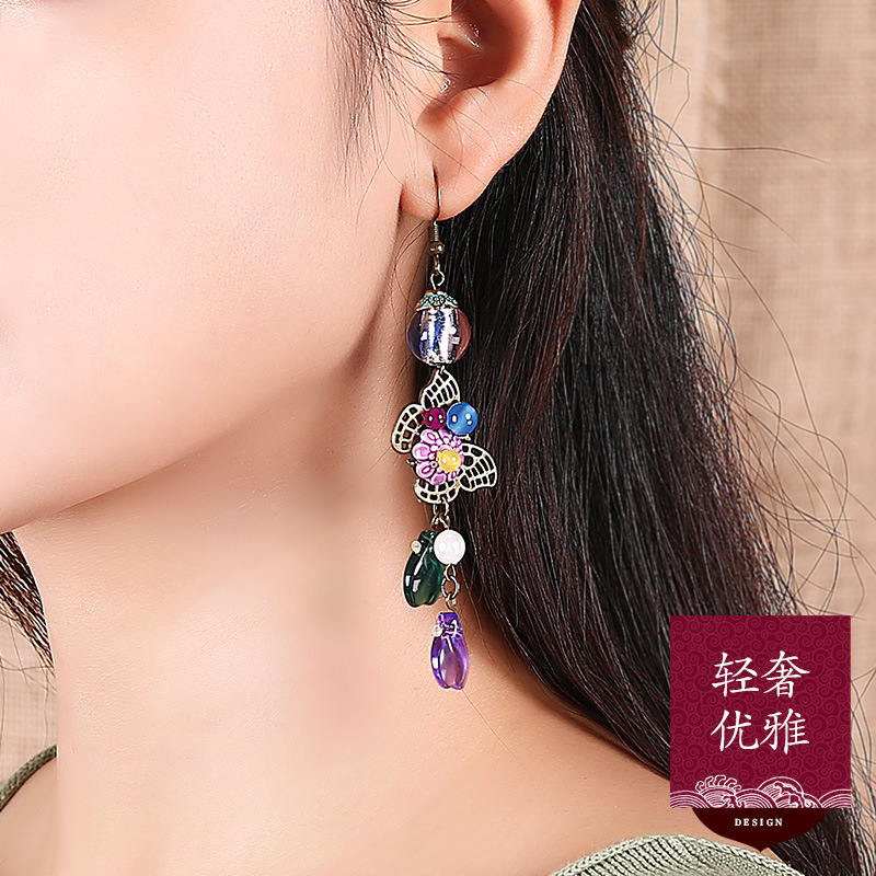 民族风复古长款耳环彩色琉璃气质百搭耳饰品2021新款蝴蝶玛瑙耳坠