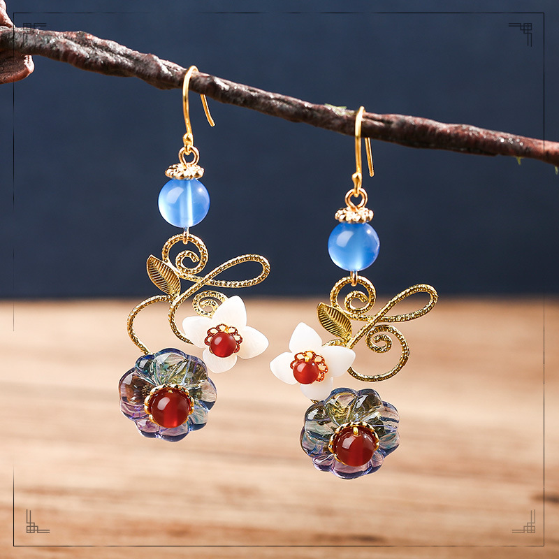 复古风红玛瑙耳环女长款气质包邮玉石耳坠耳夹百搭耳饰品厂家直销