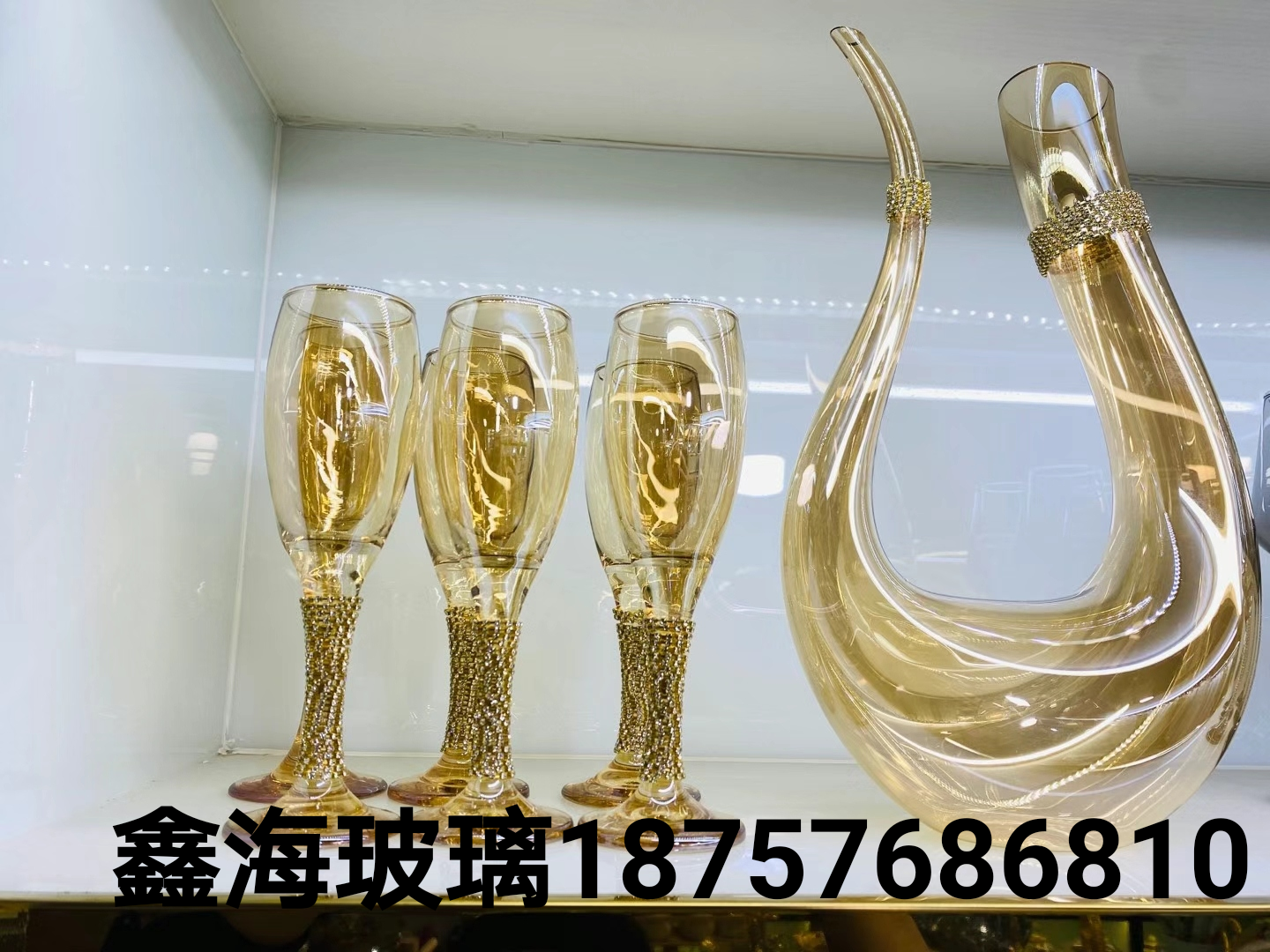 醒酒器红酒杯玻璃杯 精美带钻红酒杯金色高脚杯u型醒酒器贴钻