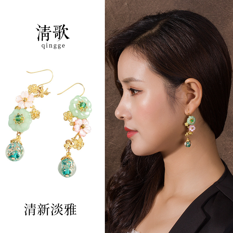 民族风贝壳花片s925纯银钩夜光金沙琉璃铜花片复古气质耳环耳饰女