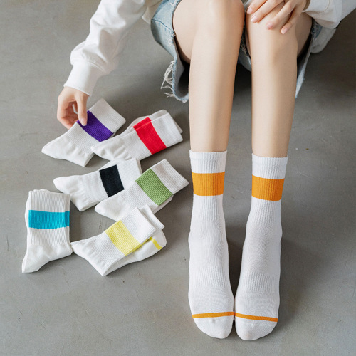 New Four Seasons Suitable Horizontal Stripe Mid-Calf Socks Women‘s Personality Pile Socks Cotton Socks Drawstring Rainbow Women‘s Socks 